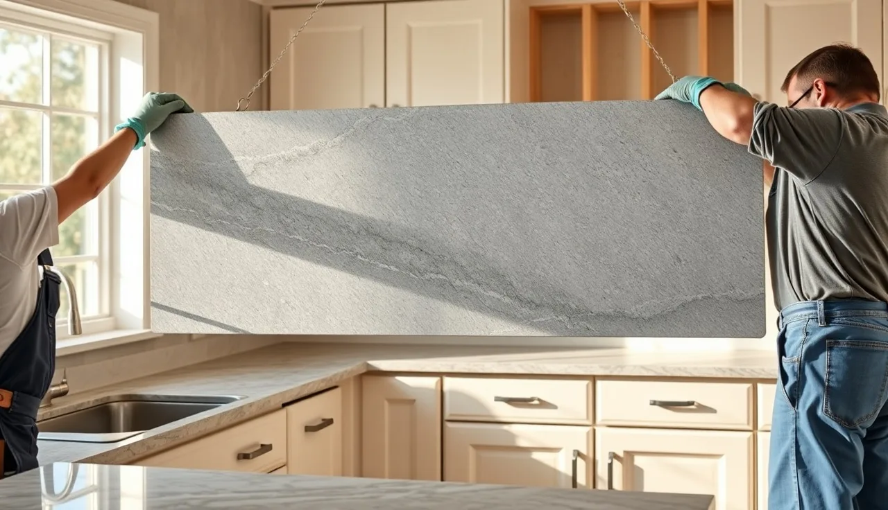 Two installers setting a heavy stone countertop slab onto kitchen cabinets