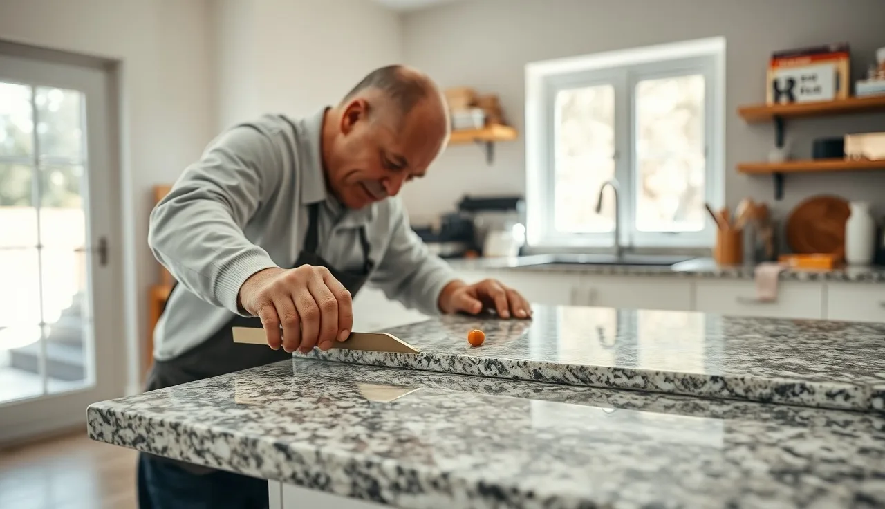 Fabricator checking a granite countertop seam with a metal straightedge during installation