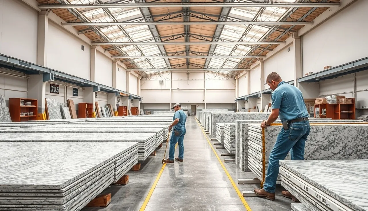 Fabrication shop floor with workers measuring stacked granite countertop slabs