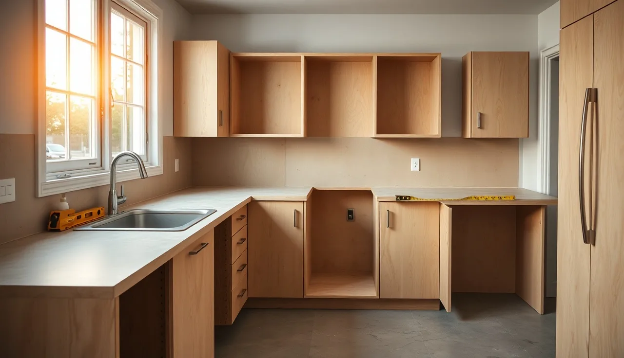 Open plywood kitchen cabinets being prepared to support a heavy stone countertop