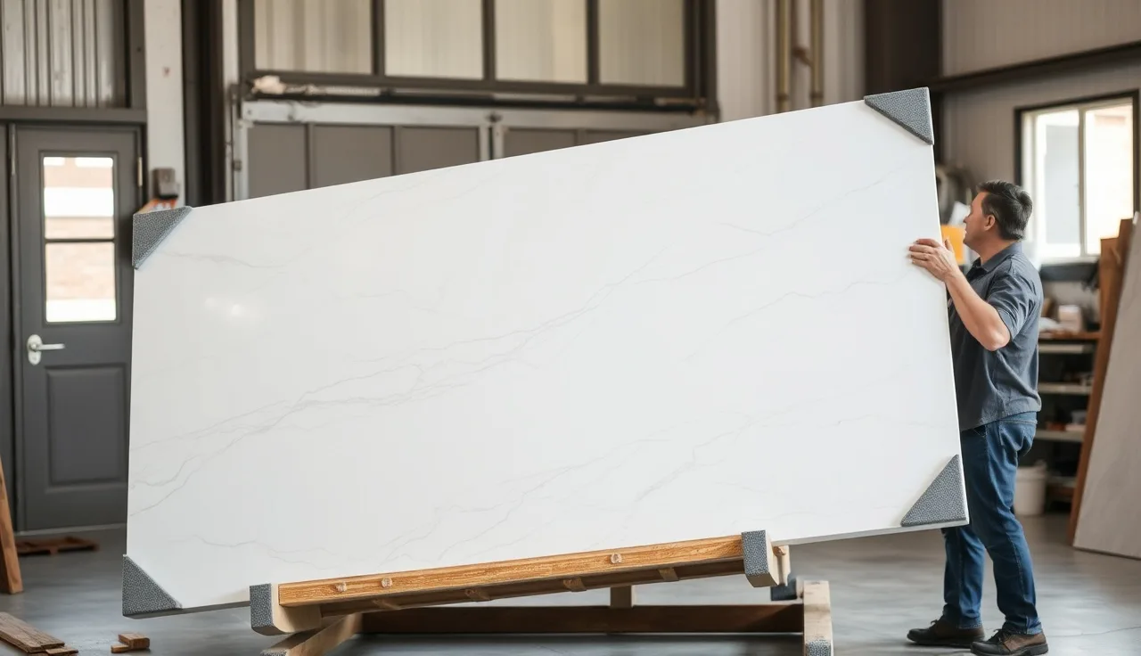 Fabricator loading a white quartz countertop into a padded A-frame transport rack