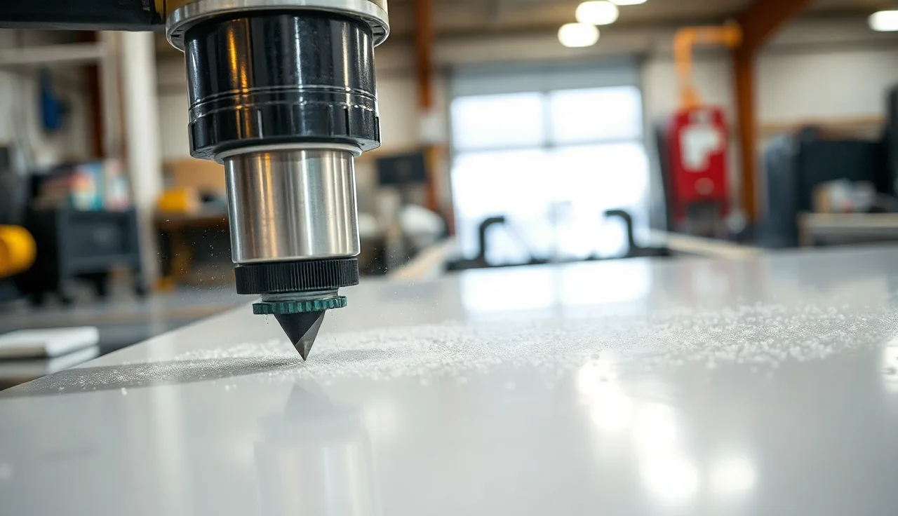 CNC router bit cutting the edge of a white quartz countertop slab with water coolant