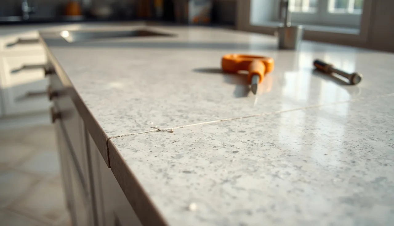 Hairline crack along a kitchen stone countertop seam in afternoon light