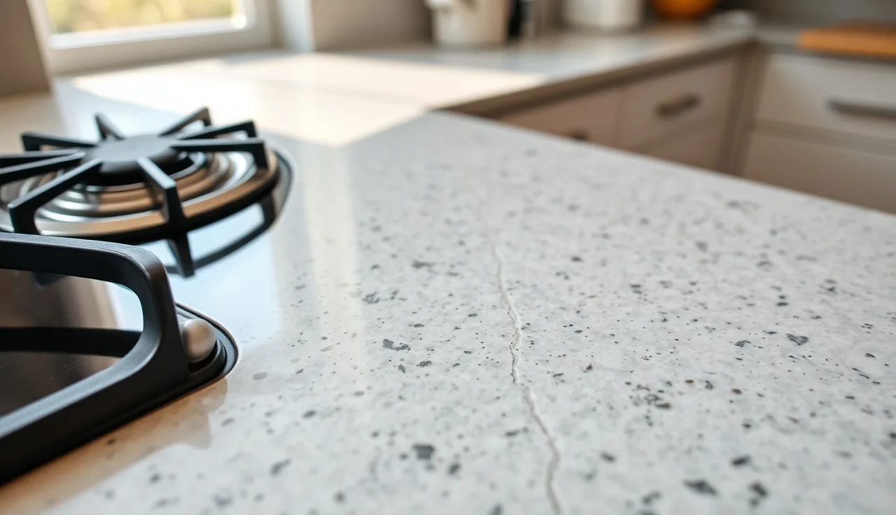 Hairline crack at a cooktop cutout corner in a gray granite kitchen countertop