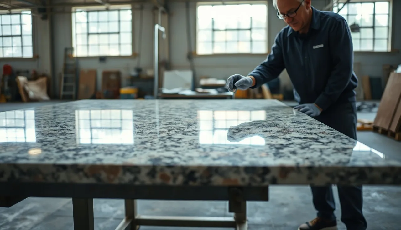 Fabricator inspecting a granite slab for fissures before cutting in a stone shop
