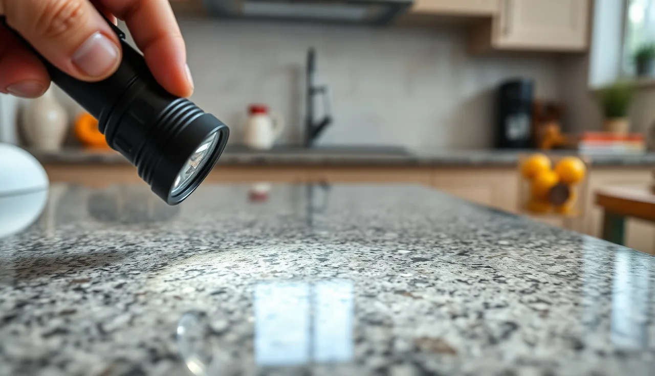 Raking light across gray granite countertop surface revealing natural pitting and crystal texture
