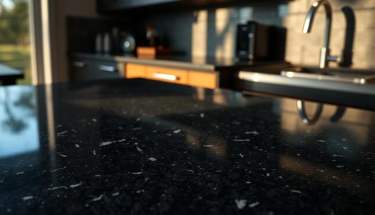 Raking light revealing swirl marks on a polished dark granite countertop