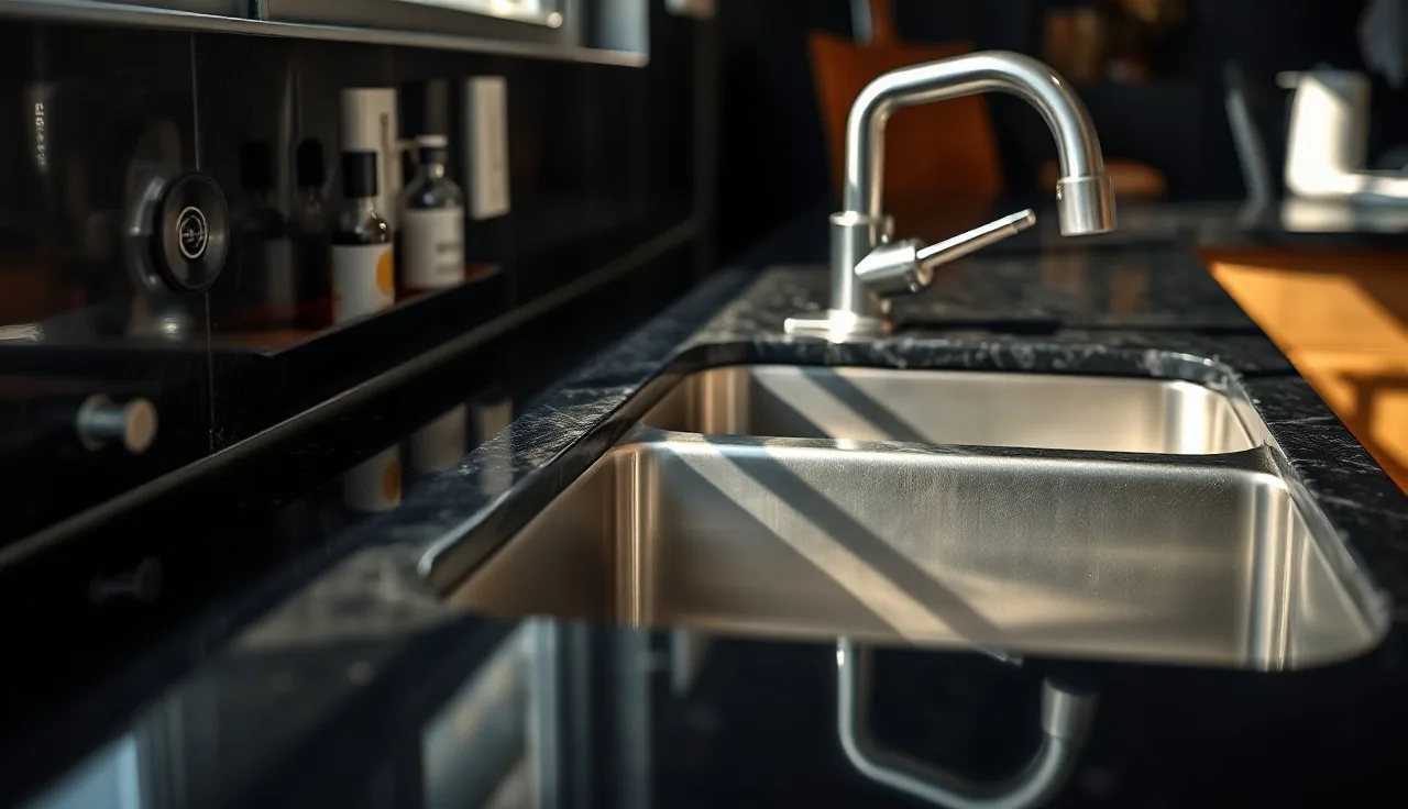 Milky white haze visible on polished granite countertop surface near a kitchen sink