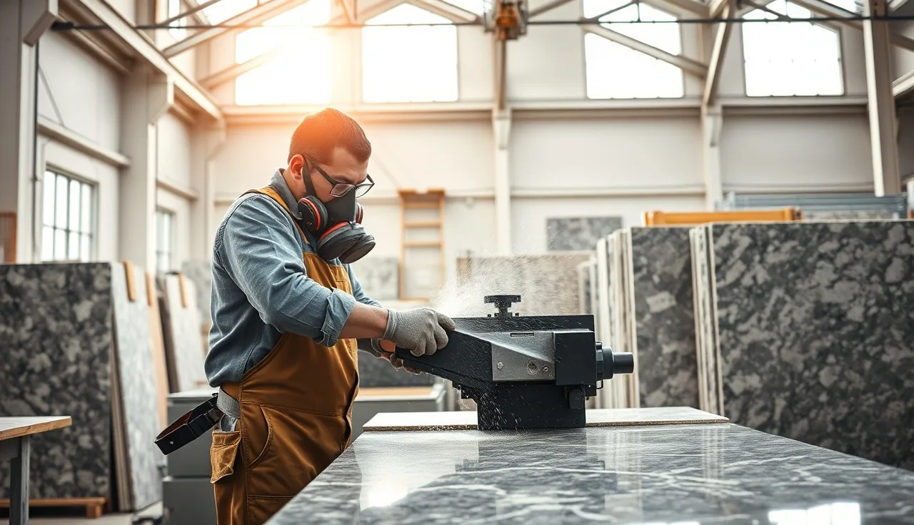 Stone fabricator in PPE operating a wet-cutting bridge saw on a granite slab