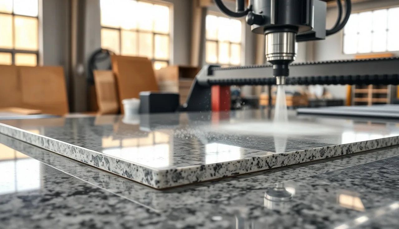 CNC stone router machining a curved granite countertop edge in a fabrication shop