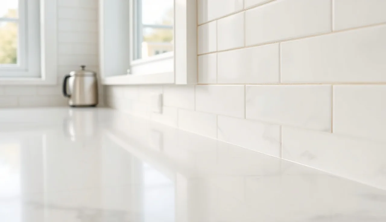 White quartz countertop meeting tile backsplash with a clean white caulk joint