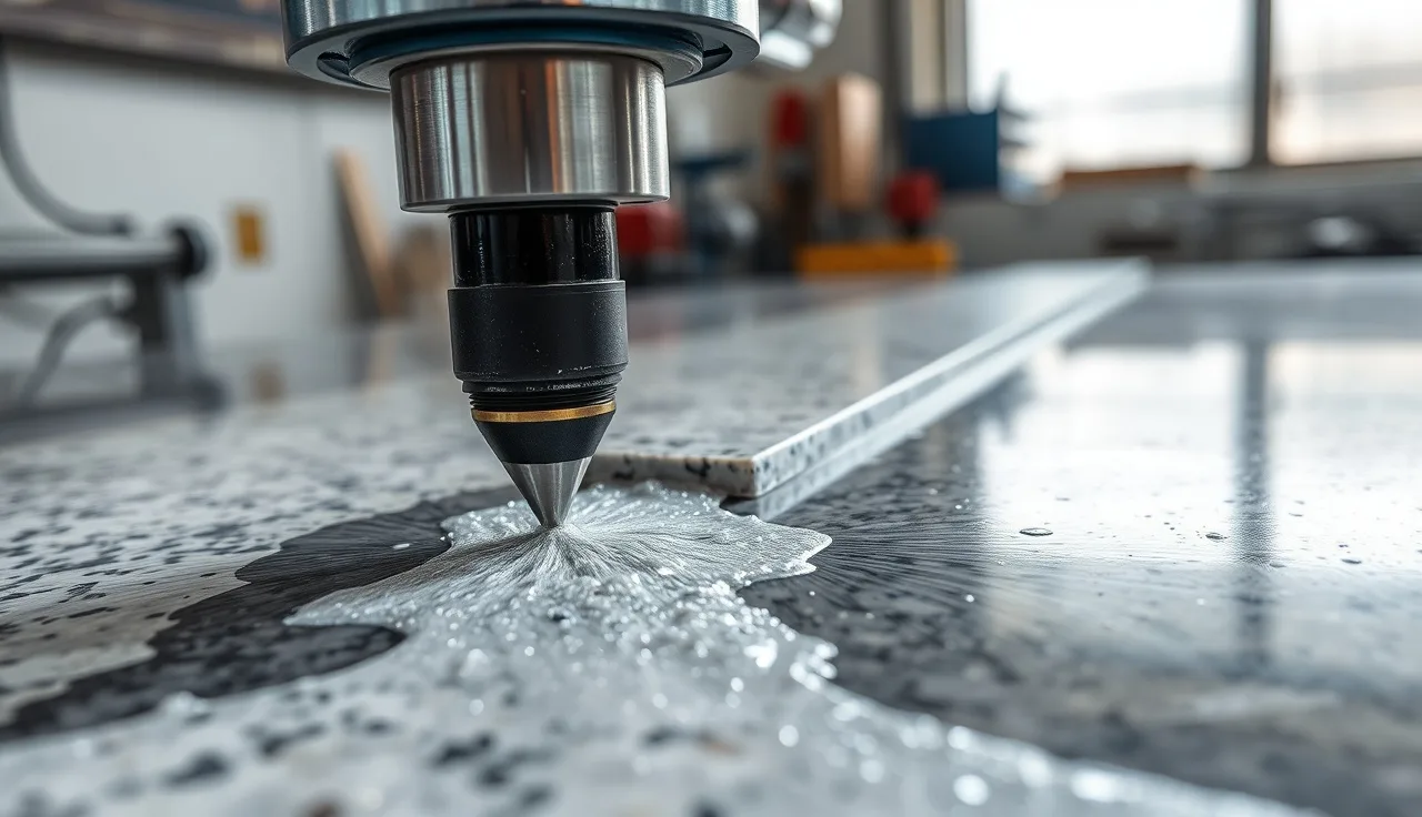 Diamond router bit cutting granite edge with water coolant flowing on CNC machine