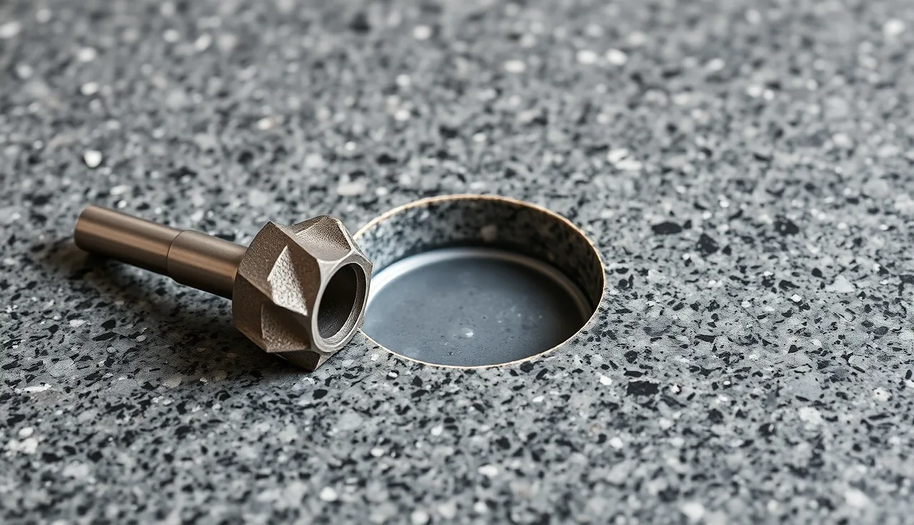 Diamond core drill bit next to a freshly drilled faucet hole in polished granite countertop
