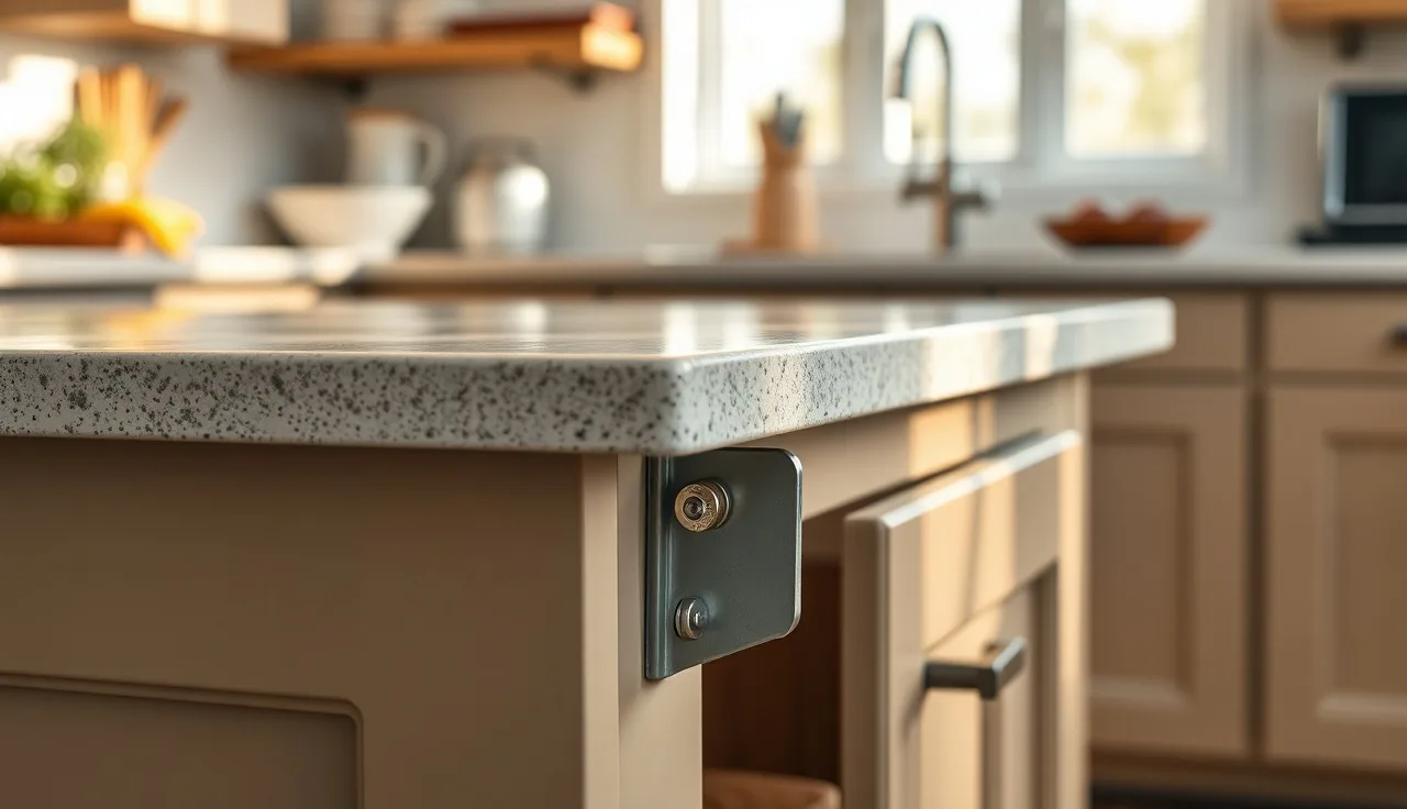 Steel support bracket under a stone countertop overhang on a kitchen island