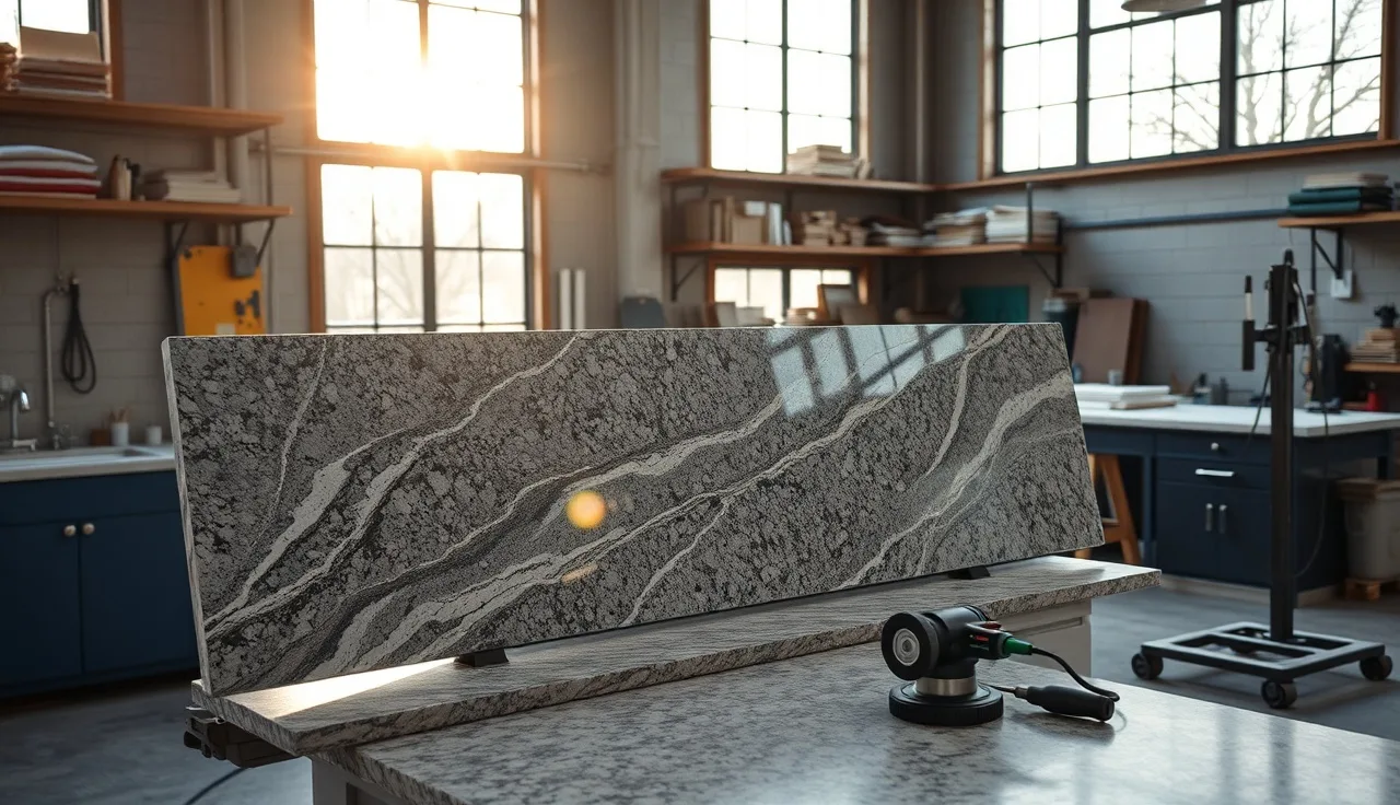 Granite slab on a fabrication shop worktable with polishing tools in morning light