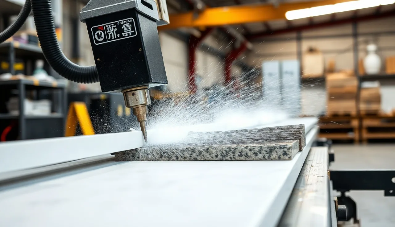 Diamond blade cutting a white quartz countertop slab with water cooling on a bridge saw