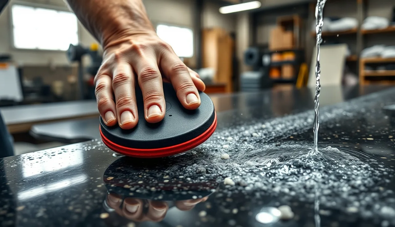 Fabricator using a wet diamond polishing pad on a dark granite countertop edge in a stone shop