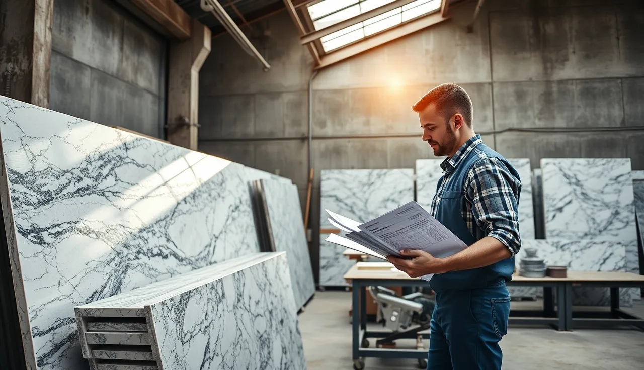 Fabricator reviewing job sheets next to polished granite slabs in a stone shop