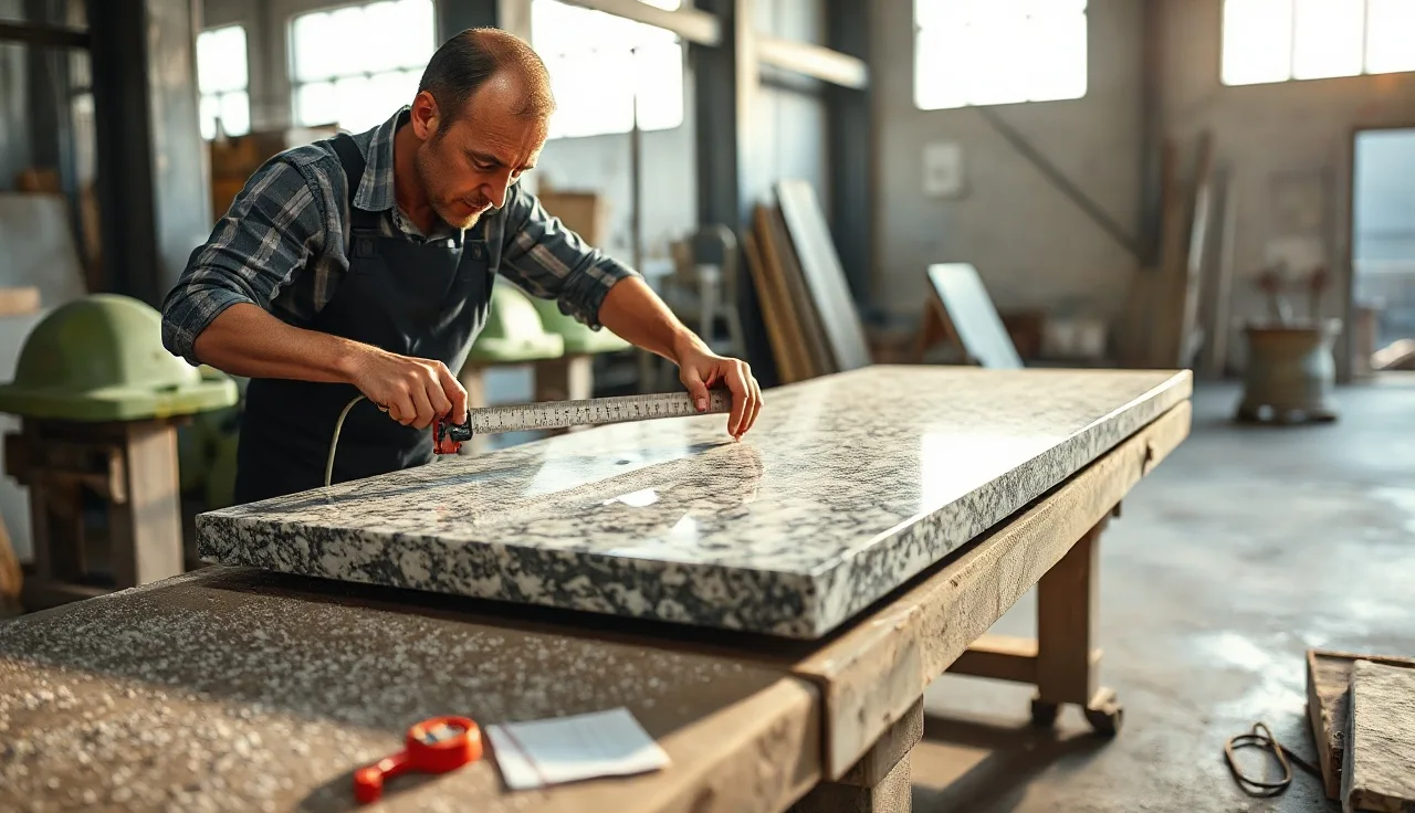 Fabricator measuring a granite slab on a workshop table for countertop pricing