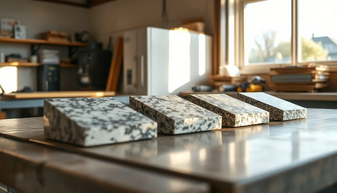 Five polished granite edge profile samples on a fabrication shop workbench