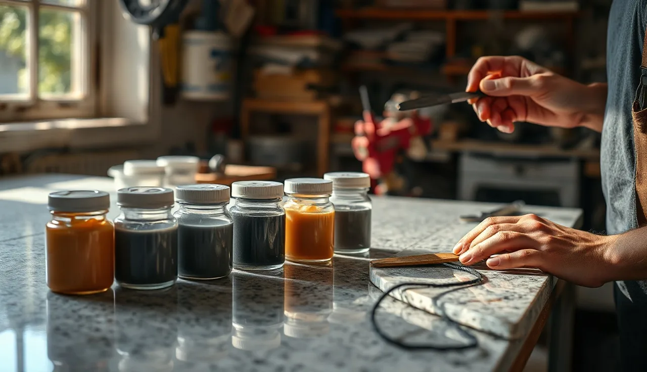 Fabricator mixing tinted epoxy filler beside a cut granite slab at a workbench