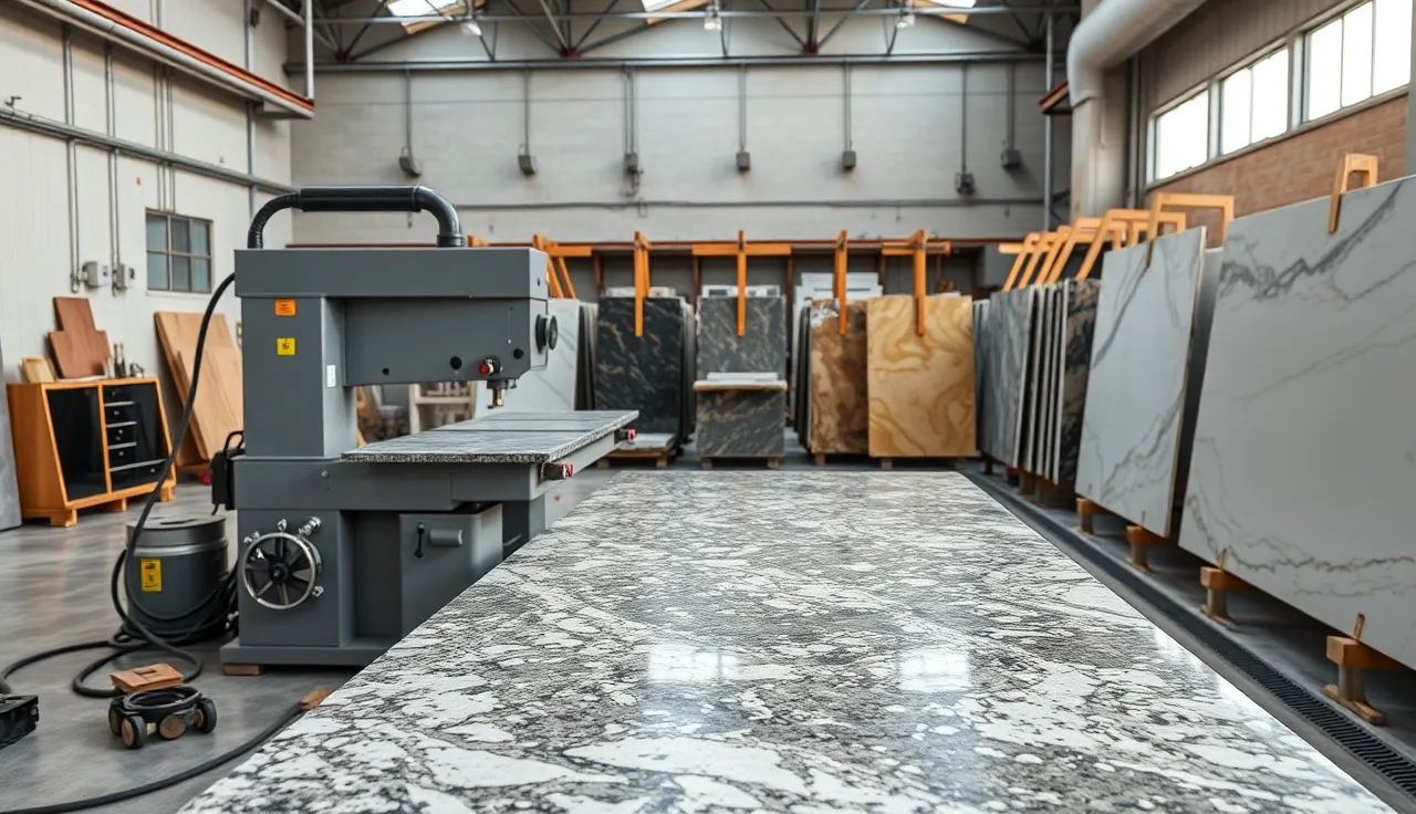 Bridge saw cutting a granite slab in a small countertop fabrication shop