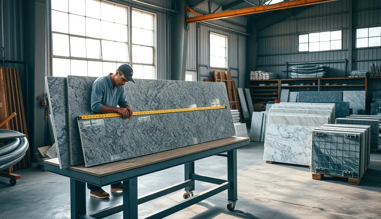 Stone fabricator measuring a granite slab in a bright fabrication workshop
