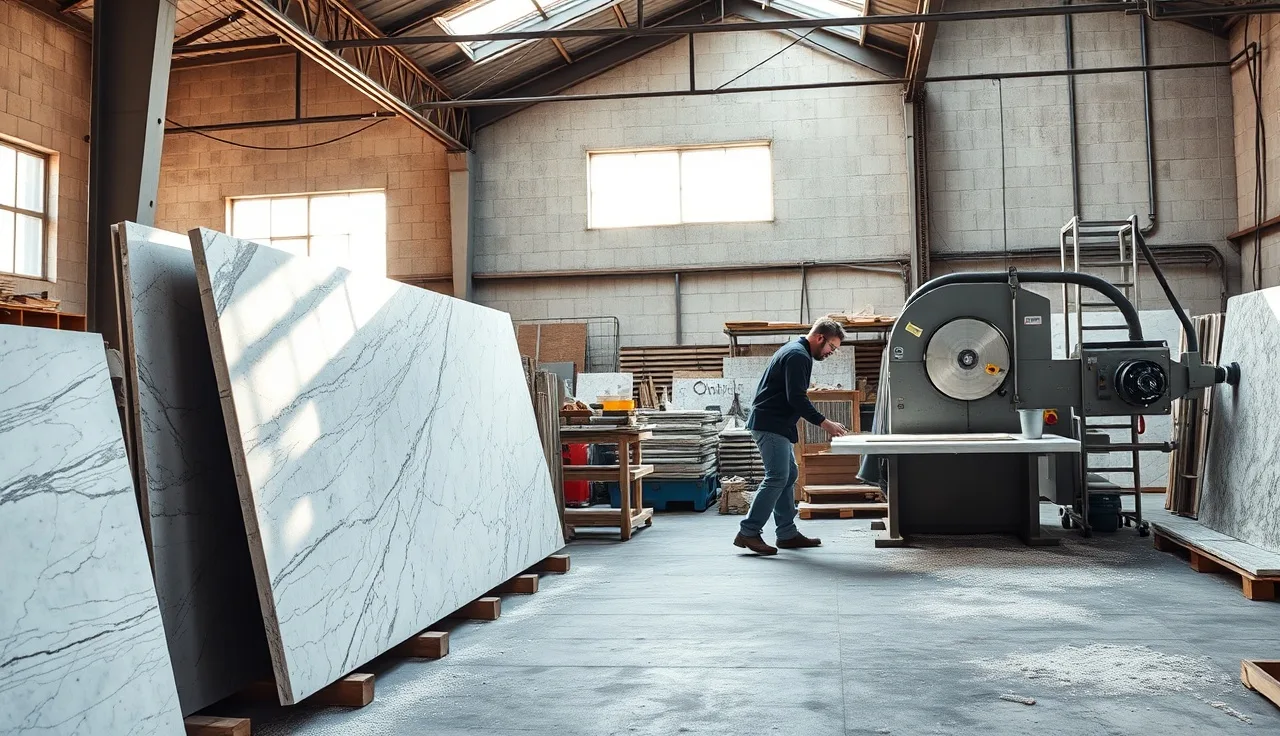 Stone fabricator adjusting bridge saw blade beside polished granite slabs in a workshop