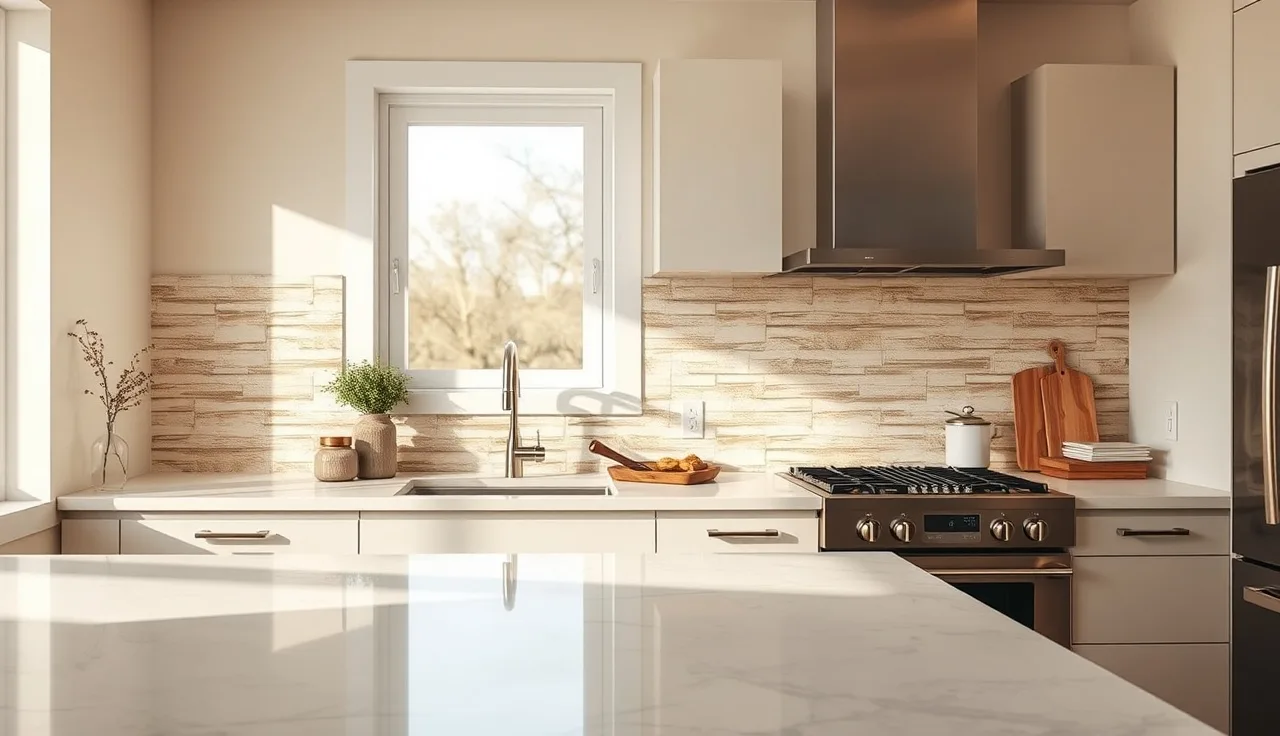 White quartz countertop meeting a cream ceramic tile backsplash in a finished kitchen