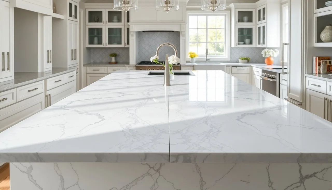Bookmatched marble kitchen island countertop showing mirrored veining at center seam