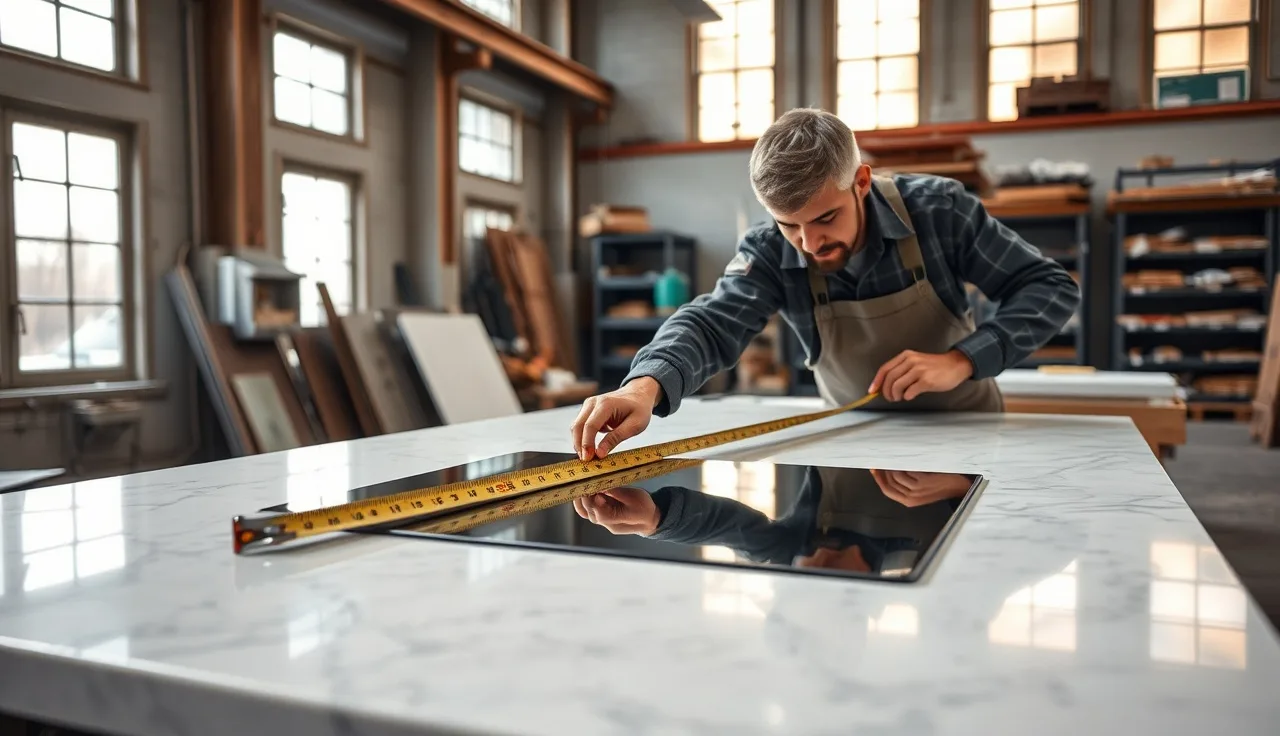 Fabricator measuring bridge cut margin on granite countertop cooktop opening in workshop