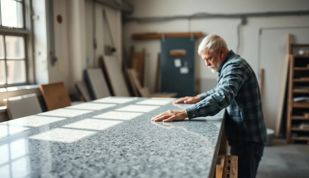 Stone fabricator examining a polished granite slab in a fabrication workshop