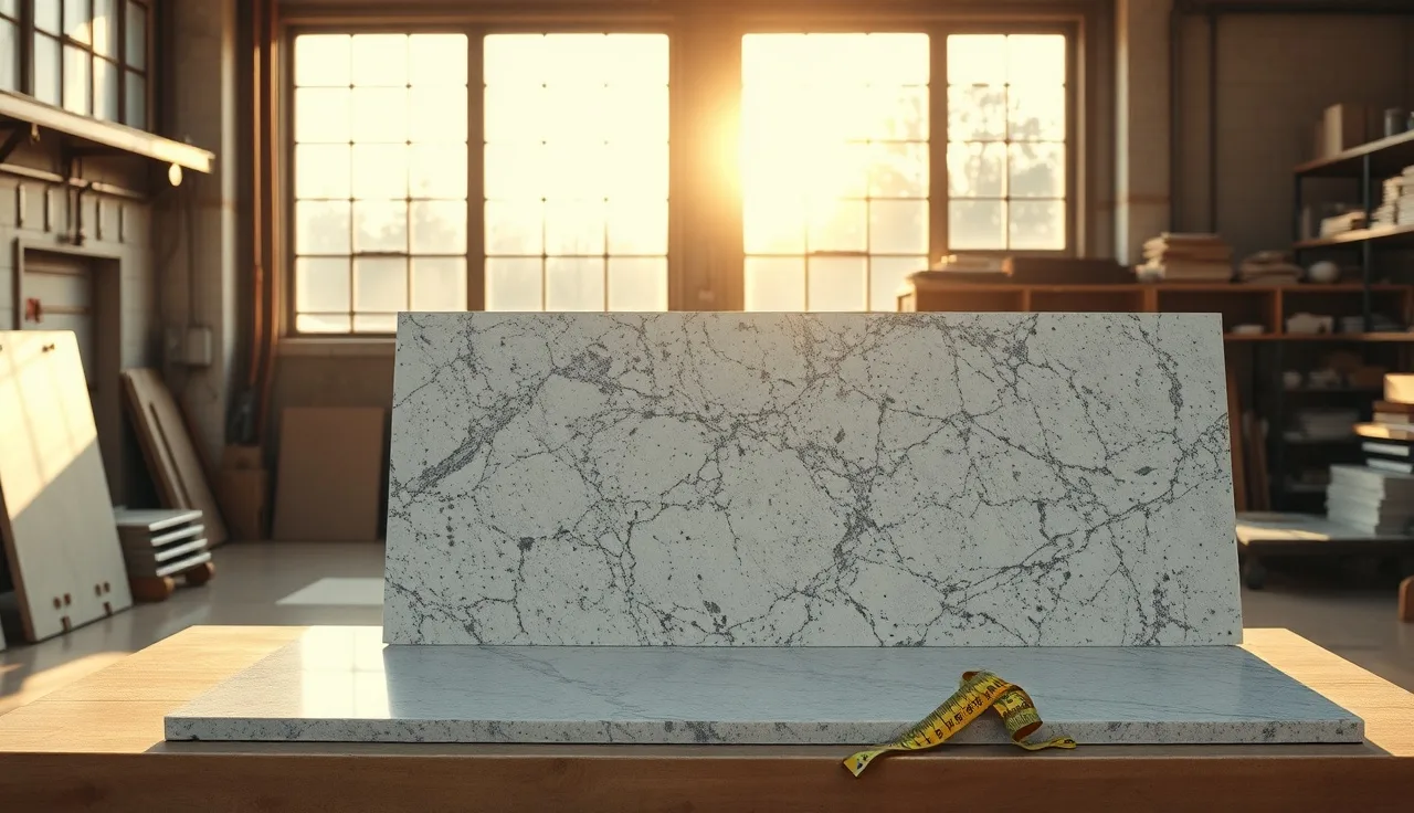 Granite slab on a fabrication shop workbench beside a measuring tape and paper cut sheet