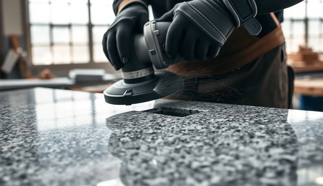 Fabricator cutting a rectangular outlet notch in a granite countertop slab with an angle grinder