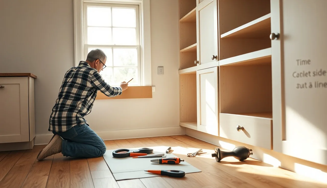 Homeowner scribing a cardboard template strip along kitchen cabinet walls