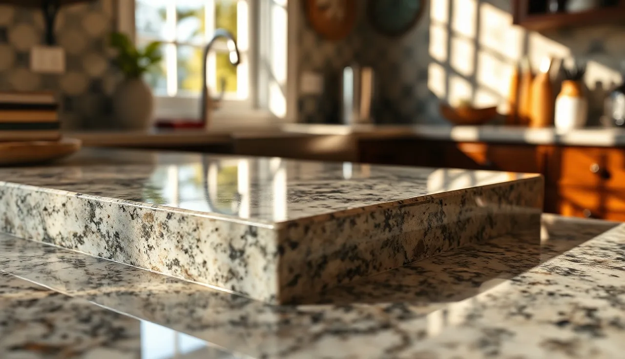 Polished granite countertop showing a cove dupont edge profile in raking light