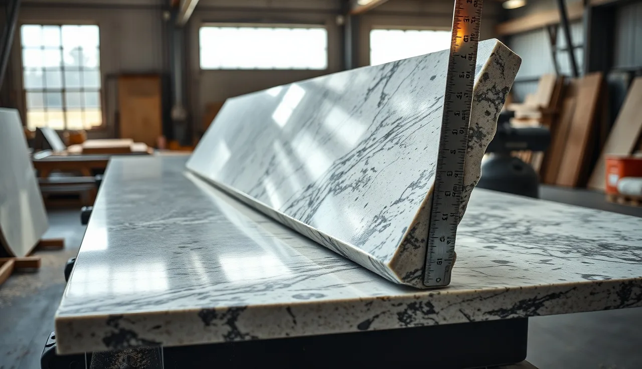 Stone fabricator measuring a diagonal inside corner cut on a granite slab in a fabrication shop