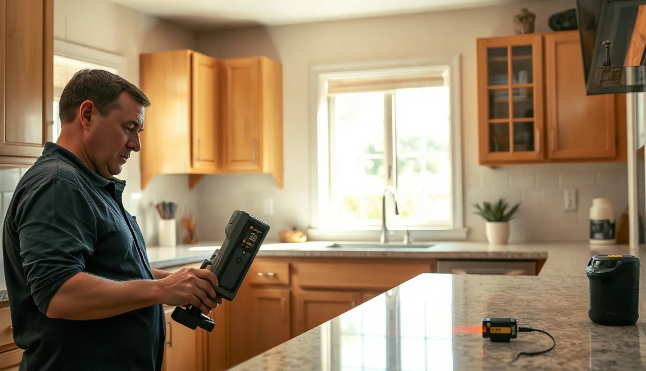 Technician using a laser templating device in an empty kitchen with bare cabinets