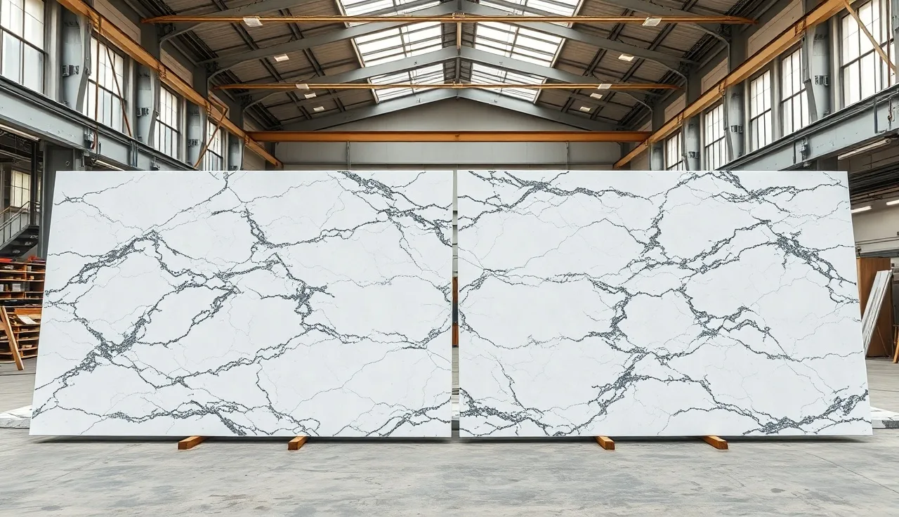Two marble slabs in dry layout on a fabrication shop floor with veins aligned at the seam