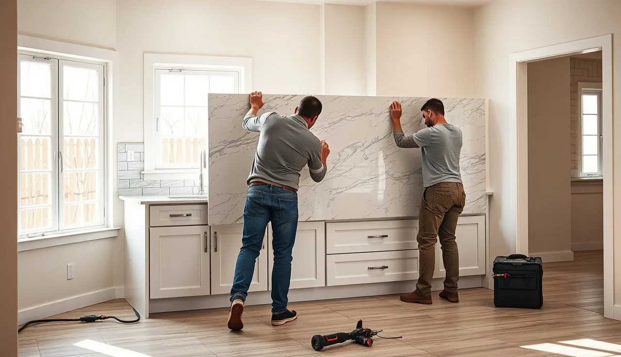 Two countertop installers lifting a granite slab into place in a kitchen