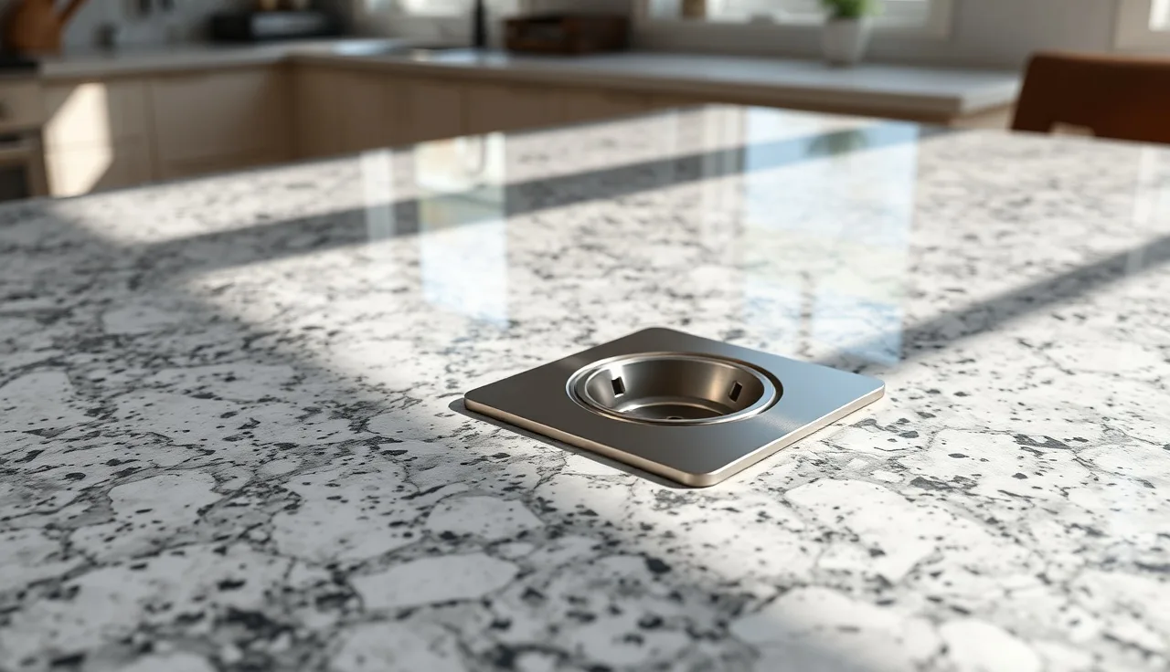 Brushed stainless flush mount outlet recessed into a dark granite kitchen island countertop