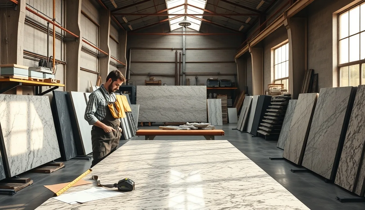 Two fabricators reviewing a granite slab in a stone fabrication shop