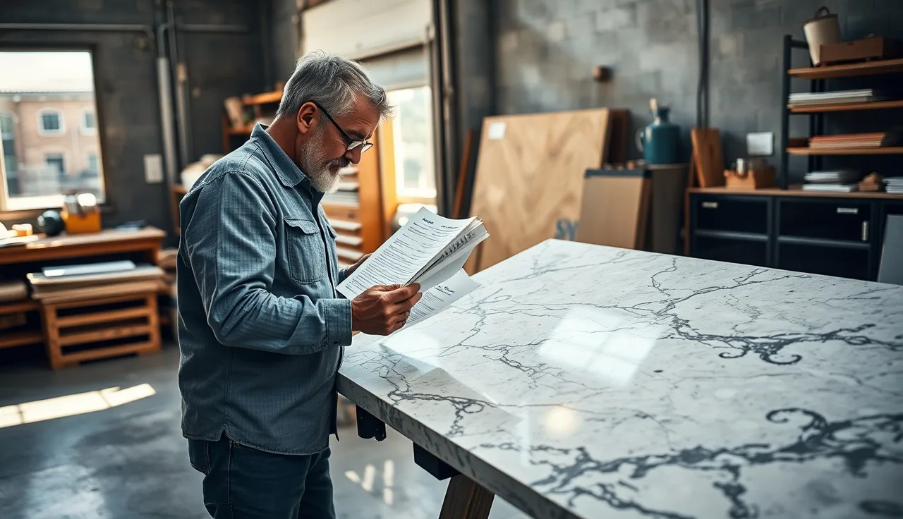 Fabricator reviewing countertop quote sheets beside polished granite slab samples