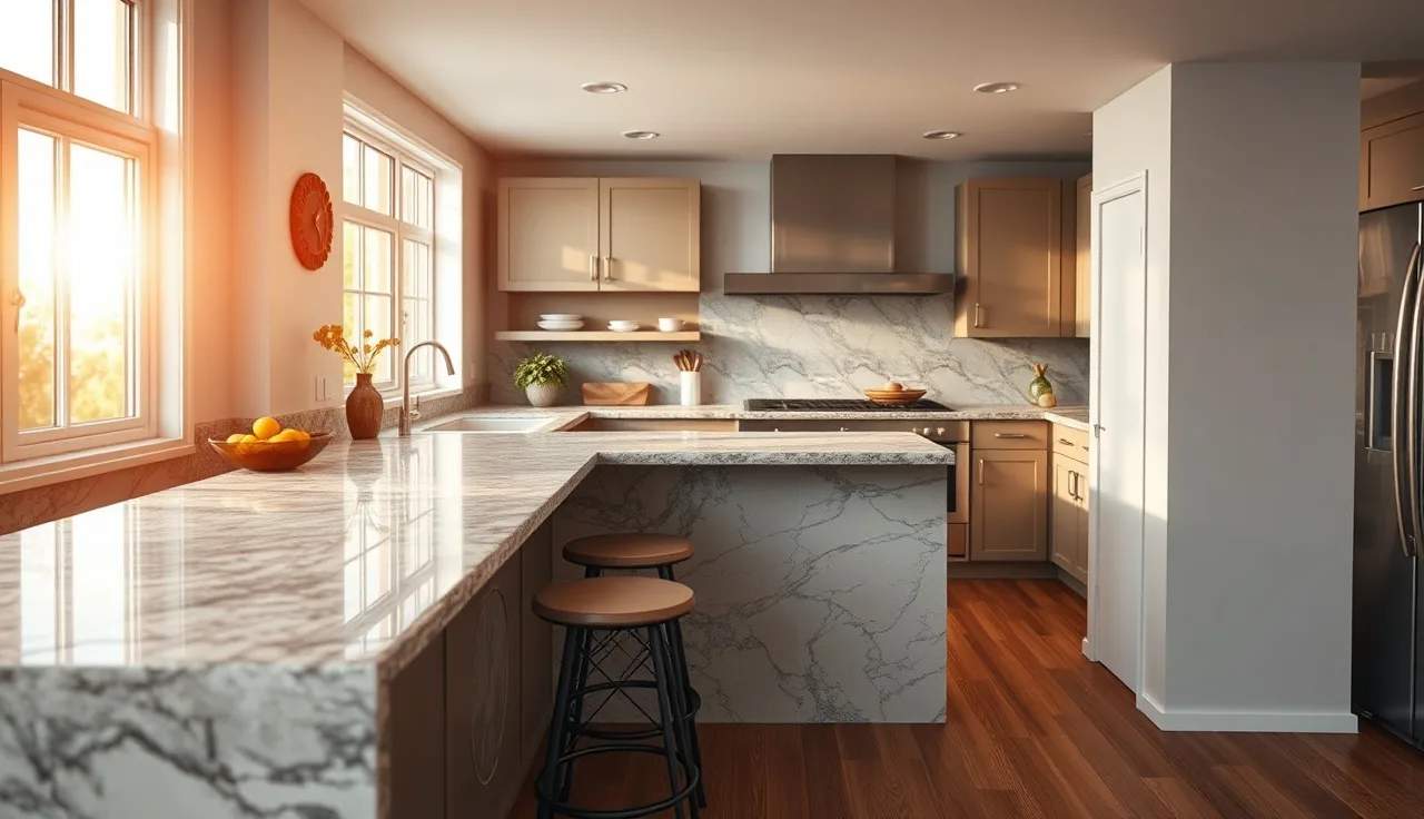 Granite knee wall countertop with seating overhang in a bright open kitchen