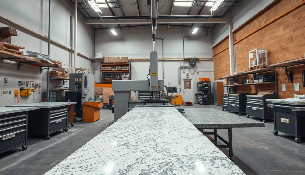 CNC bridge saw cutting granite slab in an organized stone fabrication shop