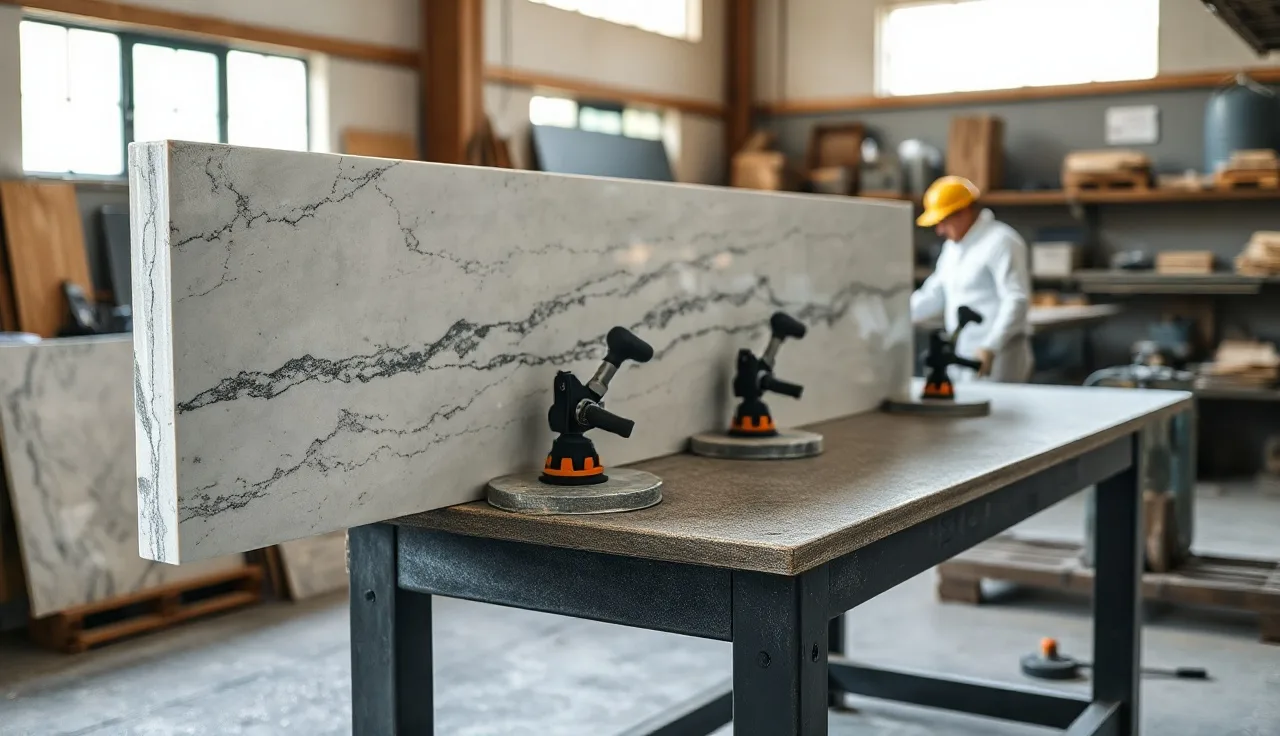 Stone fabricator clamping a mitered granite countertop joint in a fabrication shop