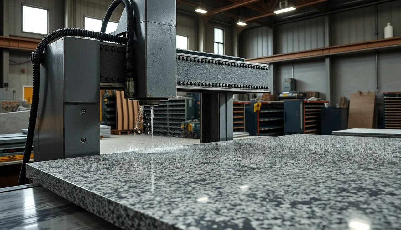 CNC bridge saw cutting a granite slab in a stone fabrication shop