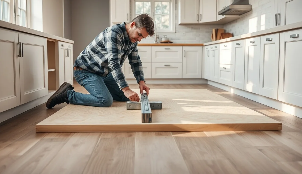 Carpenter checking level across plywood subtop sheets on kitchen base cabinets