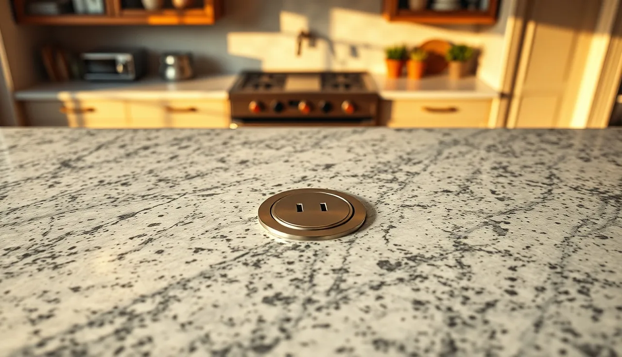 Round chrome pop-up outlet flush in a polished granite kitchen island countertop