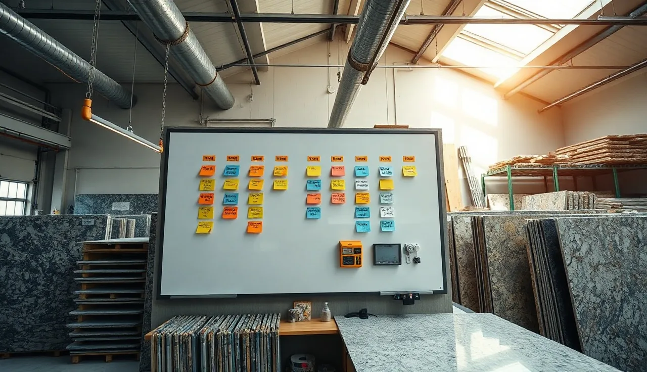 Whiteboard production board with job cards on a countertop fabrication shop wall